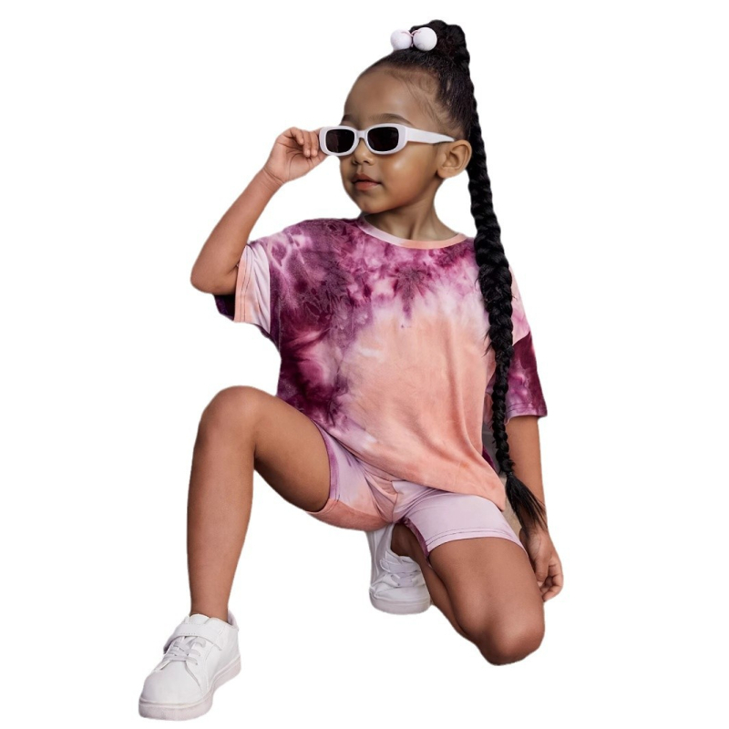 Prekogranična vanjska trgovina INS djevojčice odijelo kratkih rukava s tie-dye printom, okruglim izrezom, majica kratkih rukava, odijelo prikladno za djecu od 1 do 8 godina