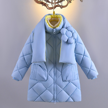 2025 Παιδικό μπουφάν με βαμβάκι για κορίτσια, ελαφρύ, μπουφάν με βαμβάκι για κορίτσια, μεσαίου μήκους γιακάς, κασκόλ με λουλούδια, κορεάτικο στυλ