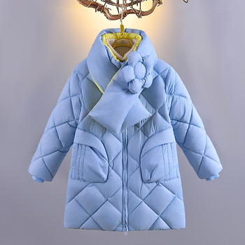 2025 Παιδικό μπουφάν με βαμβάκι για κορίτσια, ελαφρύ, μπουφάν με βαμβάκι για κορίτσια, μεσαίου μήκους γιακάς, κασκόλ με λουλούδια, κορεάτικο στυλ