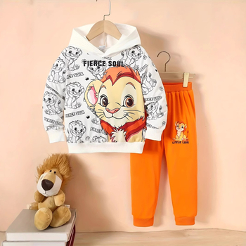 Cezhraničný detský chlapčenský a bábätkový jarný a jesenný sveter s kapucňou a potlačou leva, top s dlhým rukávom, nohavice, oblek, trendy