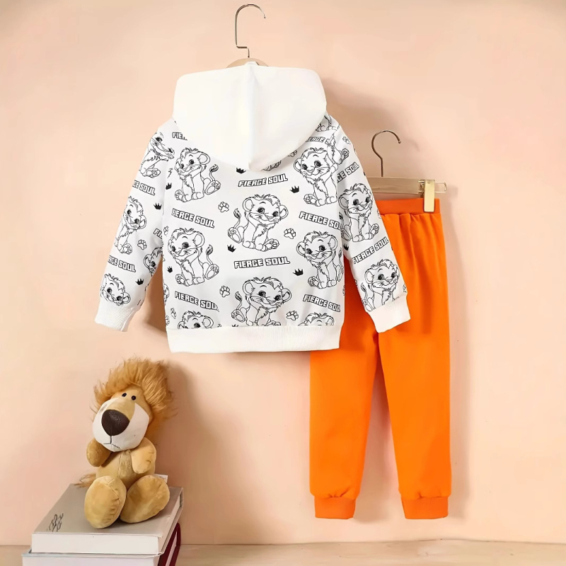 Cezhraničný detský chlapčenský a bábätkový jarný a jesenný sveter s kapucňou a potlačou leva, top s dlhým rukávom, nohavice, oblek, trendy