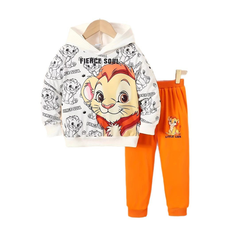 Cezhraničný detský chlapčenský a bábätkový jarný a jesenný sveter s kapucňou a potlačou leva, top s dlhým rukávom, nohavice, oblek, trendy
