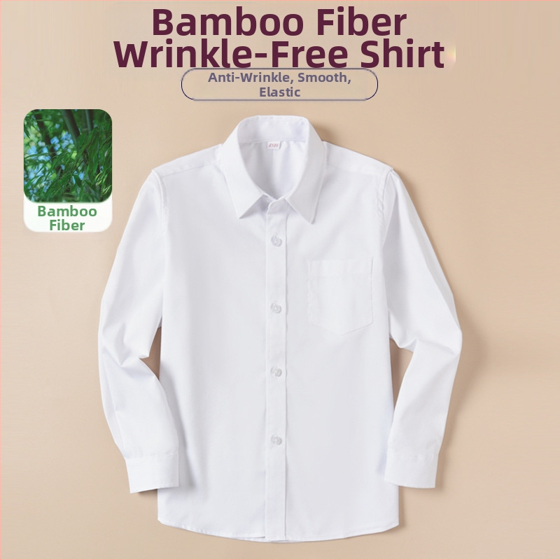 Laste valge särk poiste pikkade varrukatega bambuskiududest kevad- ja sügiskoolivorm algkooliõpilastele