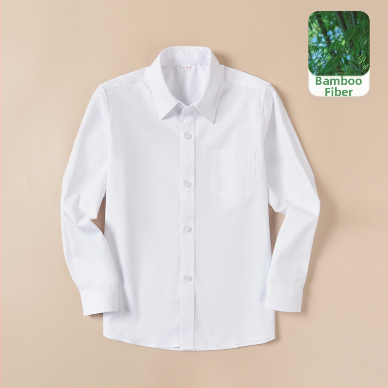 Laste valge särk poiste pikkade varrukatega bambuskiududest kevad- ja sügiskoolivorm algkooliõpilastele