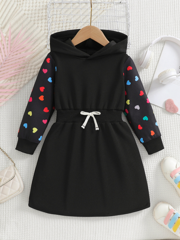 Dievčenské trojrozmerné švy s mašľou a farebným rukávom s potlačou v páse, dlhý rukáv a kapucňa v cezhraničnom európskom a americkom štýle