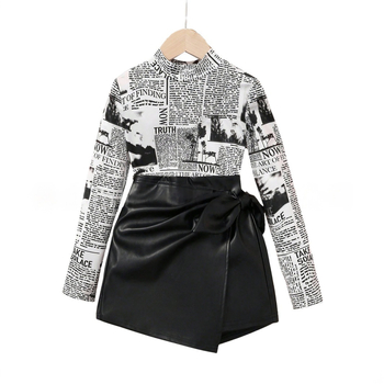 Lazada Crossborder Σετ δύο τεμαχίων για αδυνάτισμα κοριτσιών με μακριά μανίκια και φούστα, σε καυτές πωλήσεις για την άνοιξη και το φθινόπωρο, για κορίτσια, με τυπωμένη εφημερίδα.