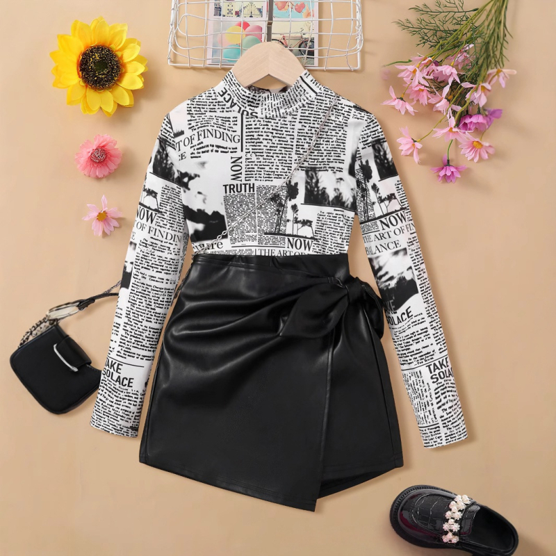 Lazada Cezhraničná horúca predajná jarná a jesenná dievčenská zoštíhľujúca súprava s dlhým rukávom a potlačou novín, základnou vrstvou, vrchnou sukňou