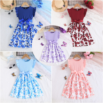 Letná dievčenská nová súprava s potlačou ružových kvetov, prešívaním, pásikmi a manžetami na uši, opasok