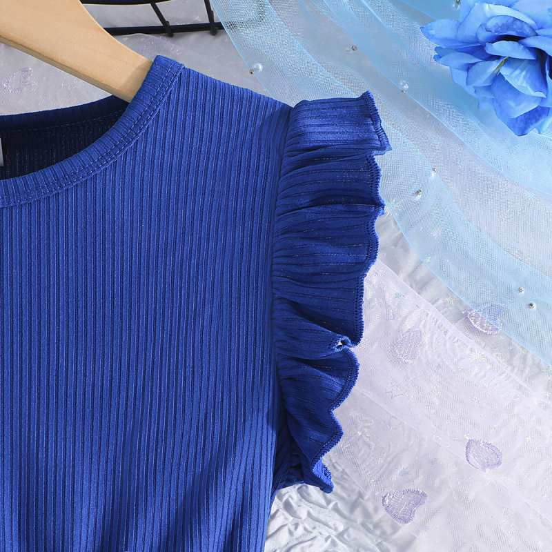 Letná dievčenská nová súprava s potlačou ružových kvetov, prešívaním, pásikmi a manžetami na uši, opasok