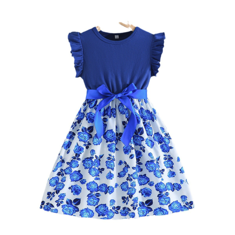 Letná dievčenská nová súprava s potlačou ružových kvetov, prešívaním, pásikmi a manžetami na uši, opasok