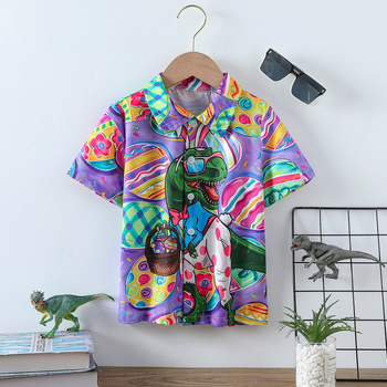 Chlapčenské tričko Cross Border, Veľkonočná potlač s kreslenými dinosauřími vajíčkami, prackou vpredu a krátkym rukávom