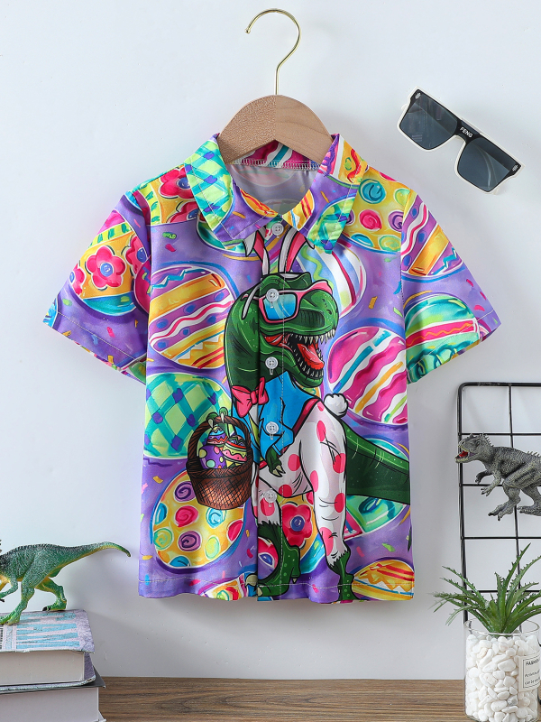 Chlapčenské tričko Cross Border, Veľkonočná potlač s kreslenými dinosauřími vajíčkami, prackou vpredu a krátkym rukávom