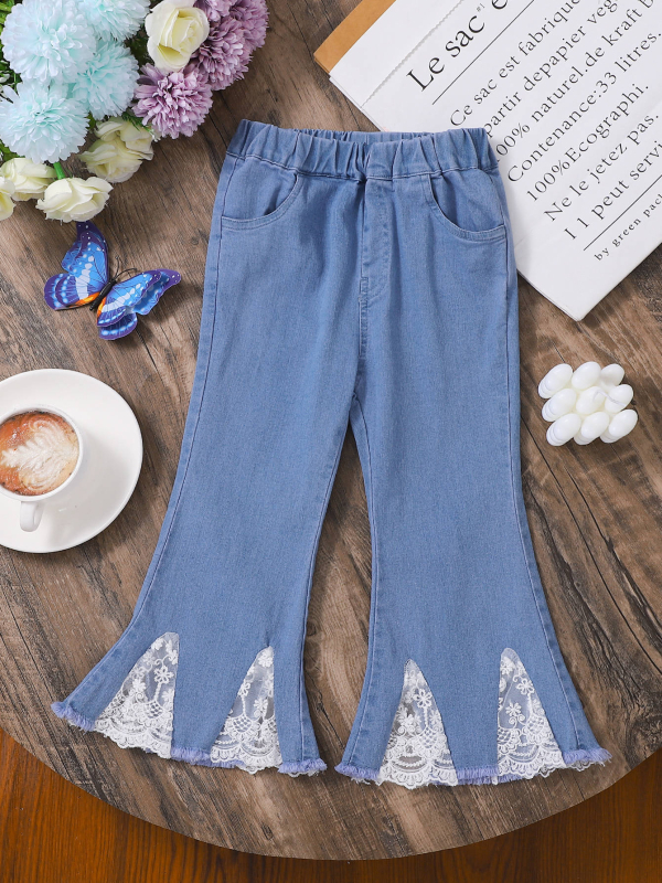 Detské rifle s čipkovaným lemom pre malé a stredné dievčatá, ležérne rozšírené nohavice s úzkym vzhľadom
