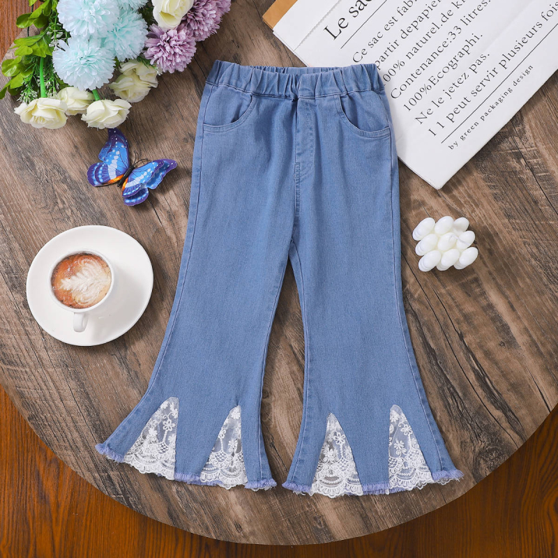 Detské rifle s čipkovaným lemom pre malé a stredné dievčatá, ležérne rozšírené nohavice s úzkym vzhľadom