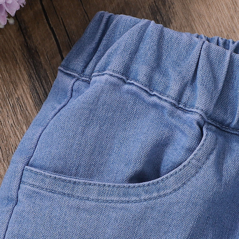 Detské rifle s čipkovaným lemom pre malé a stredné dievčatá, ležérne rozšírené nohavice s úzkym vzhľadom