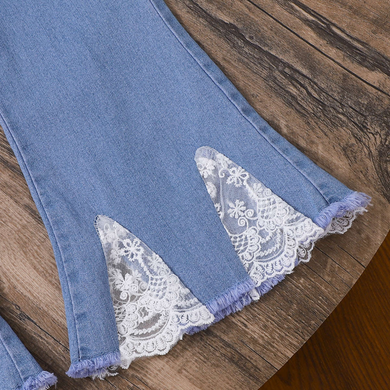 Detské rifle s čipkovaným lemom pre malé a stredné dievčatá, ležérne rozšírené nohavice s úzkym vzhľadom