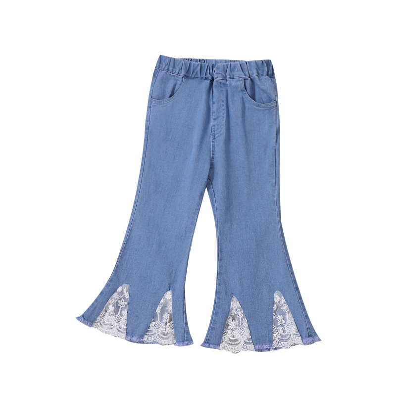 Detské rifle s čipkovaným lemom pre malé a stredné dievčatá, ležérne rozšírené nohavice s úzkym vzhľadom