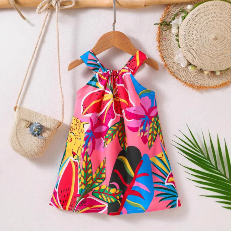 Detská nová dievčenská sukňa, dievčenské šaty s podväzkovou sukňou, potlač, zahraničný obchod, dodávka cezhraničnej plážovej sukne pre dievčatá
