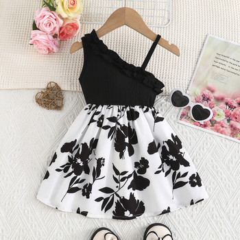 Αποκλειστικά σε όλη τη χώρα - Ασπρόμαυρο φόρεμα με τυπωμένα σχέδια για κορίτσια, σχέδιο με έναν ώμο, γλυκό και υπέροχο στυλ