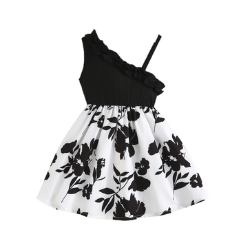 Αποκλειστικά σε όλη τη χώρα - Ασπρόμαυρο φόρεμα με τυπωμένα σχέδια για κορίτσια, σχέδιο με έναν ώμο, γλυκό και υπέροχο στυλ