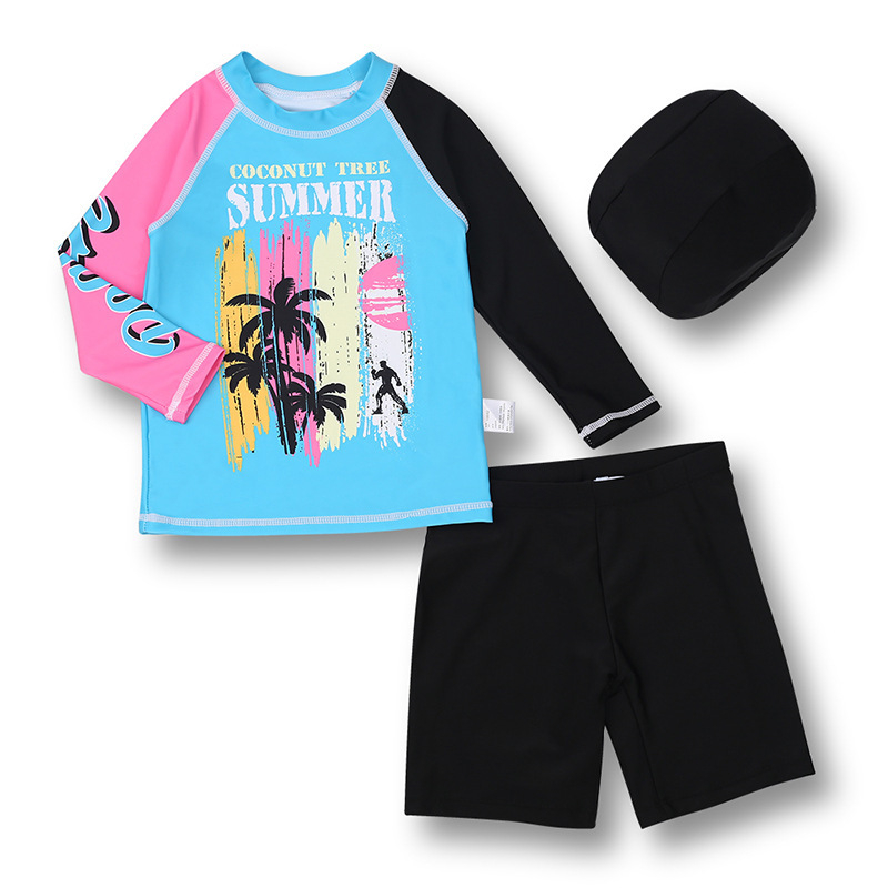 Detské šortky s dlhým rukávom a kapucňou z továrne na zahraničný obchod, rýchloschnúce, 3-dielna súprava, plavky, delené plavky