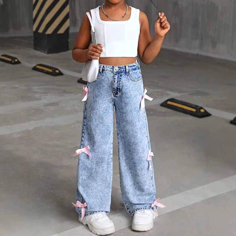 Pantaloni largi la modă, cu imprimeu de fulgi de zăpadă, decorați cu funde, pentru fete adolescente, exclusivi la nivel transfrontalier, Amazon Fashion