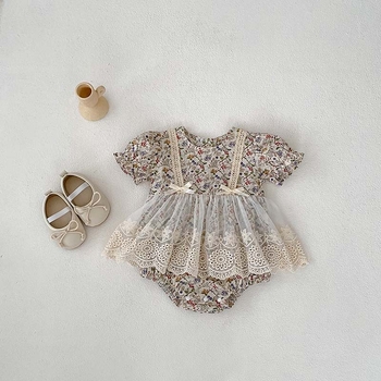 Καλοκαιρινή κορεάτικη φούστα τριγωνάκι για μωρά 2025 με κοντό μανίκι, δαντέλα, κούφια δαντέλα, φλοράλ φούστα με τιράντες