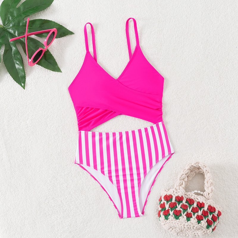 Pruhované plavky s vydlabaným vzorom, dievčenské veľké jednodielne plavky, roztomilé plážové plavky na plávanie