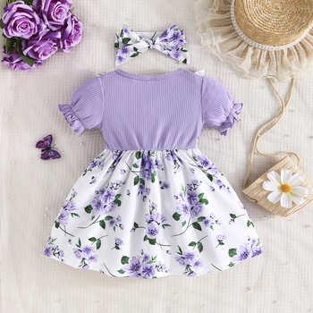 Φόρεμα Cross Border Exclusive-Little Girl Sweet Μωβ με τυπωμένο σχέδιο και φιόγκο, Διακόσμηση Casual Fashion