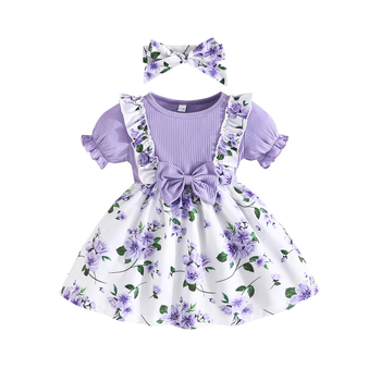 Φόρεμα Cross Border Exclusive-Little Girl Sweet Μωβ με τυπωμένο σχέδιο και φιόγκο, Διακόσμηση Casual Fashion