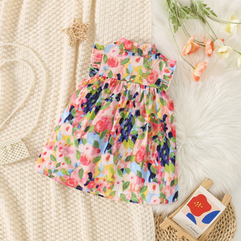 Letné nové dievčenské celotelové potlačené šaty s malými voľnými rukávmi, dievčenské jednoradové bavlnené šaty v kórejskom štýle