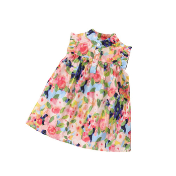 Letné nové dievčenské celotelové potlačené šaty s malými voľnými rukávmi, dievčenské jednoradové bavlnené šaty v kórejskom štýle