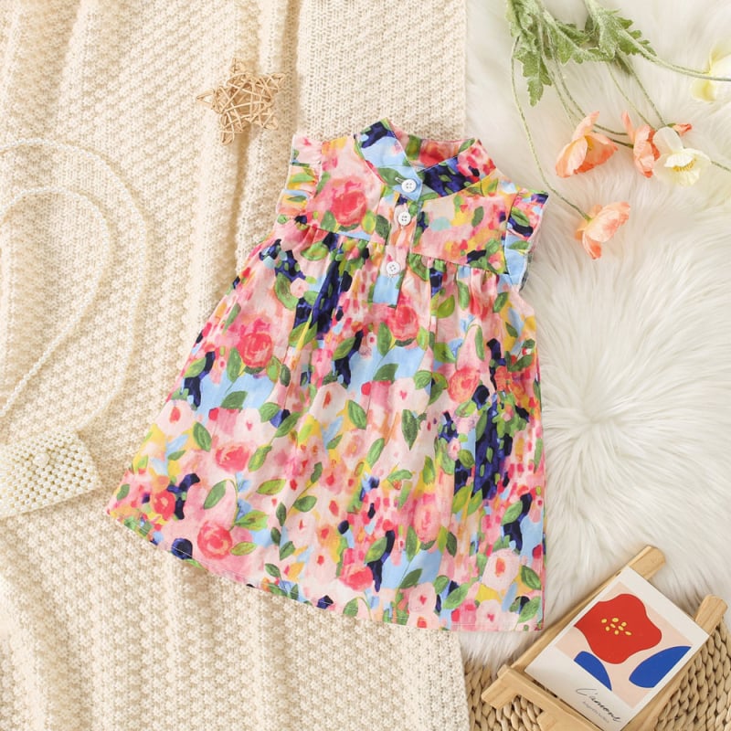 Rochie de vară nouă pentru fete, cu mâneci mici, imprimate pe tot corpul, pentru bebeluși, în stil coreean, din bumbac cu un singur rând de nasturi