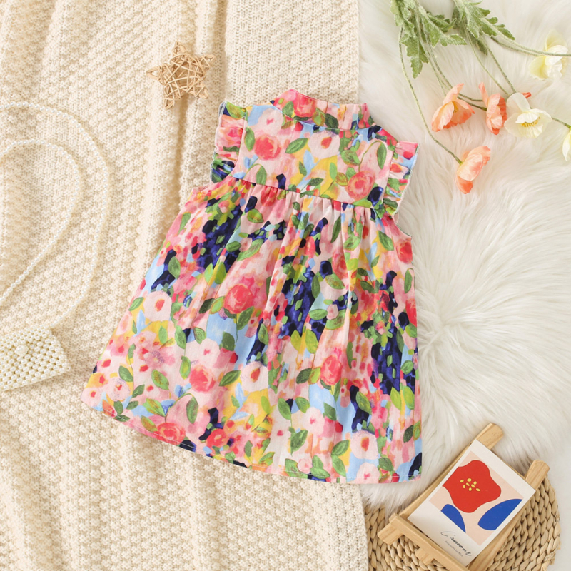 Letné nové dievčenské celotelové potlačené šaty s malými voľnými rukávmi, dievčenské jednoradové bavlnené šaty v kórejskom štýle