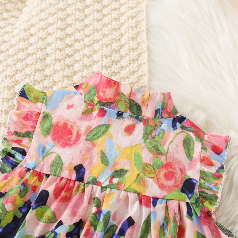 Letné nové dievčenské celotelové potlačené šaty s malými voľnými rukávmi, dievčenské jednoradové bavlnené šaty v kórejskom štýle