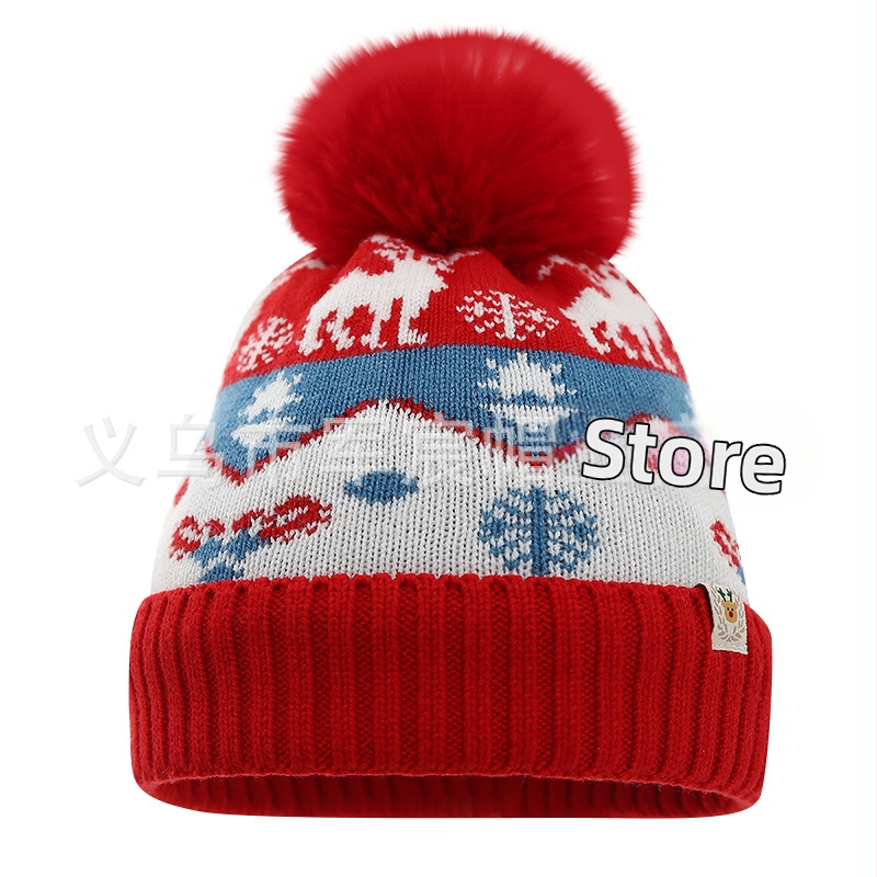 Prekogranična europska i američka na zalihi Dječja božićna kapa s flis podstavom, zadebljana žakard vuna od losa, zimska topla pletena kapa od krzna