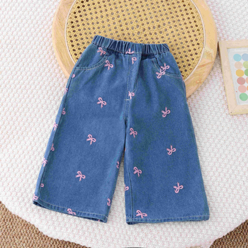 Kevad- ja sügisesed tüdrukute sinised moe vabaaja Korea stiilis laia säärega tikandiga roosad liblikteksad