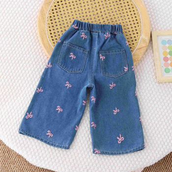 Kevad- ja sügisesed tüdrukute sinised moe vabaaja Korea stiilis laia säärega tikandiga roosad liblikteksad