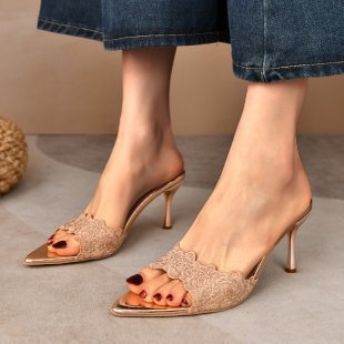 Dámske sandále na vysokom podpätku Pointed Banquet, nový jarný prírastok 2025, vyšívané ihličkové topánky, šampansko-zlaté, vyšívané