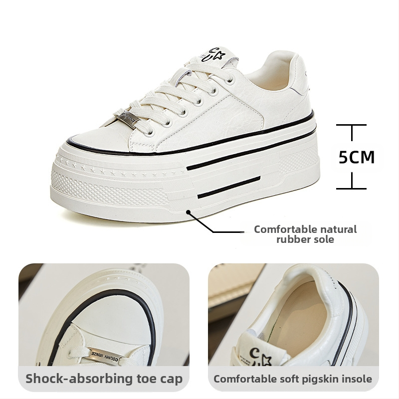 Dámske biele topánky z pravej kože s hrubou podrážkou, jar 2025, jednoduché, výškovo zvyšujúce topánky, dámske ležérne, univerzálne, nízke, na platforme