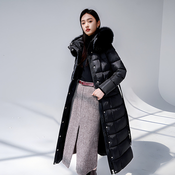 Γυναικείο μπουφάν από πούπουλα πάγου μπροκάρ, μακρύ, πάνω από το γόνατο έως τον αστράγαλο, λεπτό γιακά από γούνα αλεπούς με παχύ λευκό πούπουλο πάπιας