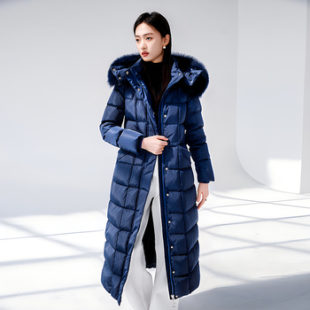 Γυναικείο μπουφάν από πούπουλα πάγου μπροκάρ, μακρύ, πάνω από το γόνατο έως τον αστράγαλο, λεπτό γιακά από γούνα αλεπούς με παχύ λευκό πούπουλο πάπιας