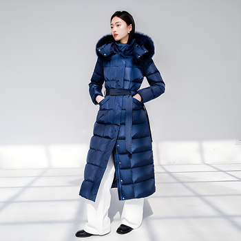 Γυναικείο μπουφάν από πούπουλα πάγου μπροκάρ, μακρύ, πάνω από το γόνατο έως τον αστράγαλο, λεπτό γιακά από γούνα αλεπούς με παχύ λευκό πούπουλο πάπιας