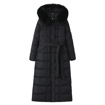 Γυναικείο μπουφάν από πούπουλα πάγου μπροκάρ, μακρύ, πάνω από το γόνατο έως τον αστράγαλο, λεπτό γιακά από γούνα αλεπούς με παχύ λευκό πούπουλο πάπιας