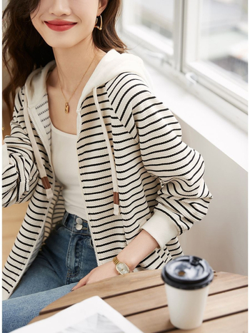 Άνοιξη 2023 Νέα Μοντέρνα Ζακέτα με Απλό Ριγέ Φούτερ και Κουκούλα για Καθημερινές Μετακινήσεις, Γυναικείο Μπουφάν