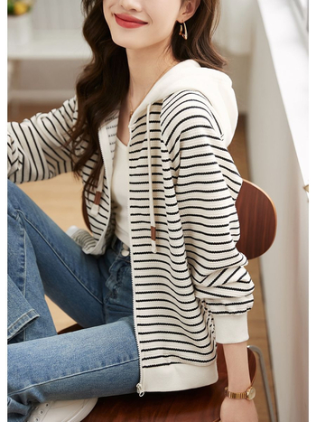 Άνοιξη 2023 Νέα Μοντέρνα Ζακέτα με Απλό Ριγέ Φούτερ και Κουκούλα για Καθημερινές Μετακινήσεις, Γυναικείο Μπουφάν