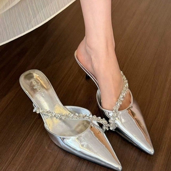 Ασημένια ψηλοτάκουνα παπούτσια με αλυσίδα Fairy Diamond Chain Baotou μυτερά σανδάλια Mueller μισές παντόφλες γυναικεία στολή