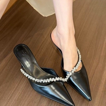 Ασημένια ψηλοτάκουνα παπούτσια με αλυσίδα Fairy Diamond Chain Baotou μυτερά σανδάλια Mueller μισές παντόφλες γυναικεία στολή