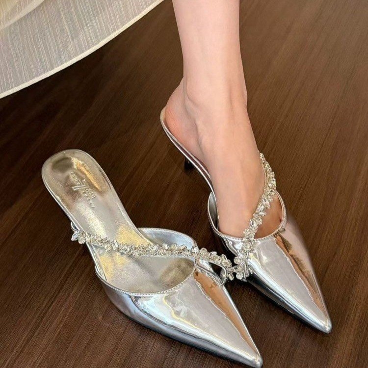 Nišne srebrne cipele s visokom petom, vilinski dijamantni lanac Baotou, špicaste sandale Mueller papuče, ženske papuče