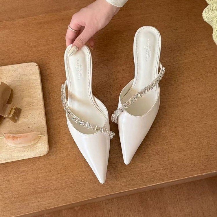 Nišne srebrne cipele s visokom petom, vilinski dijamantni lanac Baotou, špicaste sandale Mueller papuče, ženske papuče